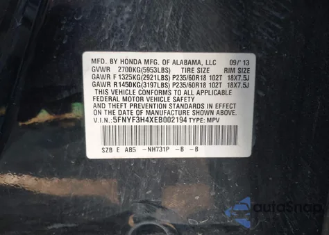 2014 Honda Pilot Ex z USA, uszkodzony, nr VIN 5FNYF3H4XEB002194